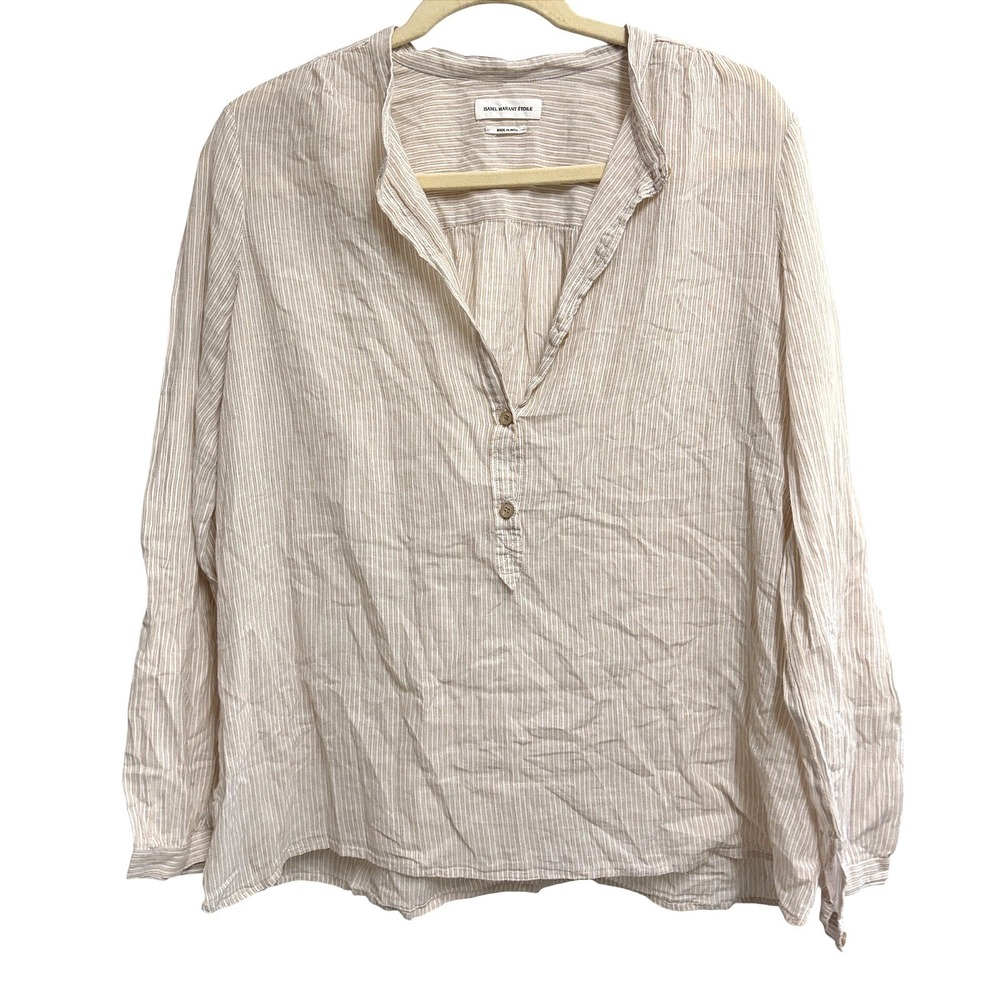 Isabel Marant Etoile Striped Henley Blouse Beige Button Long Sleeve Cotton 42